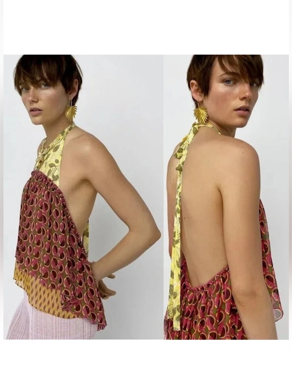 Zara Printed Halter Top Open Back Boho Festival Flowy Blouse Size Medium